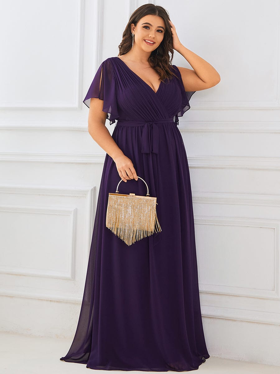 Custom Size Tie-Waist Pleated A-line Evening Dress #color_Dark Purple