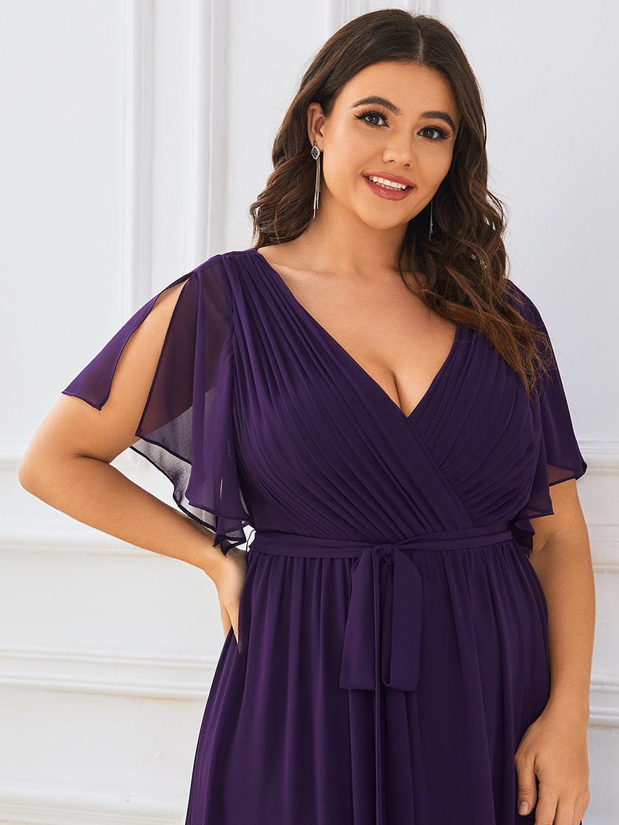 Plus Size Ruffle Pleated Chiffon Tie-Waist Evening Dress #color_Dark Purple