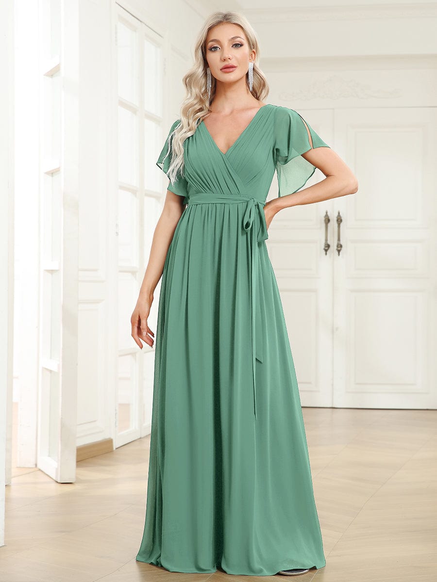 Custom Size Tie-Waist Pleated A-line Evening Dress #color_Green Bean