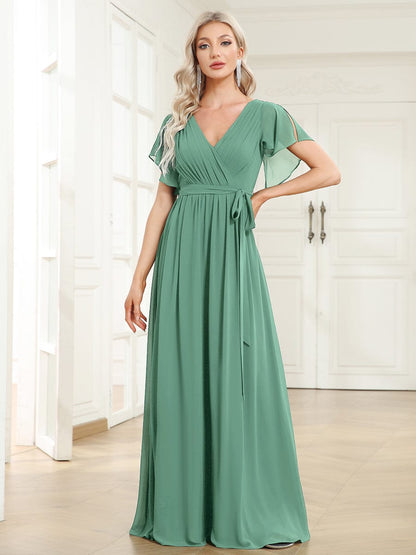 Custom Size Tie-Waist Pleated A-line Evening Dress #color_Green Bean