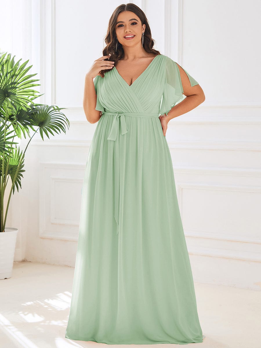 Plus Size Ruffle Pleated Chiffon Tie-Waist Evening Dress #color_Mint Green