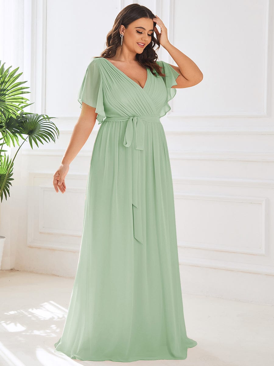 Plus Size Ruffle Pleated Chiffon Tie-Waist Evening Dress #color_Mint Green