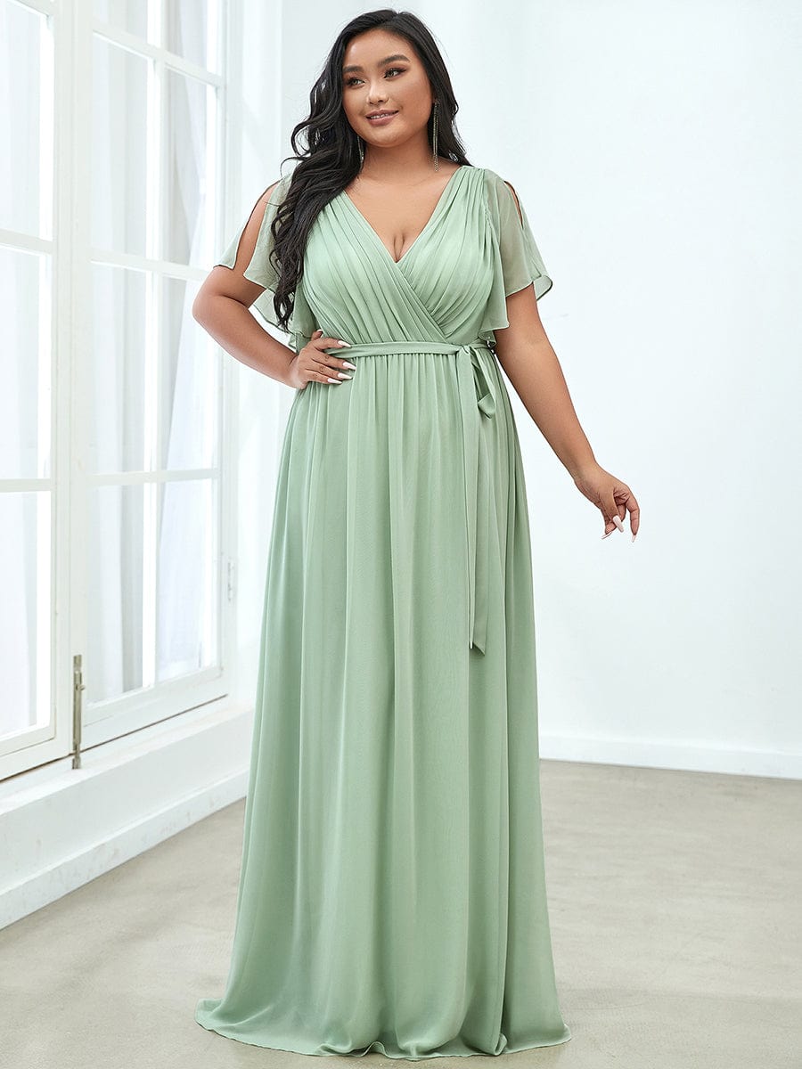 A-Line Pleated Chiffon Tie-Waist Evening Dress #color_Mint Green