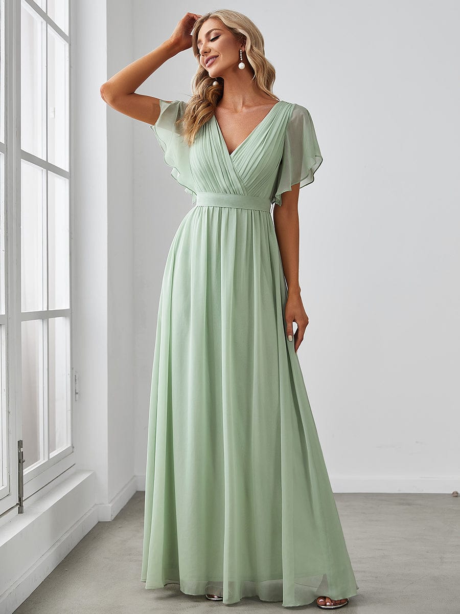 A-Line Pleated Chiffon Tie-Waist Evening Dress #color_Mint Green