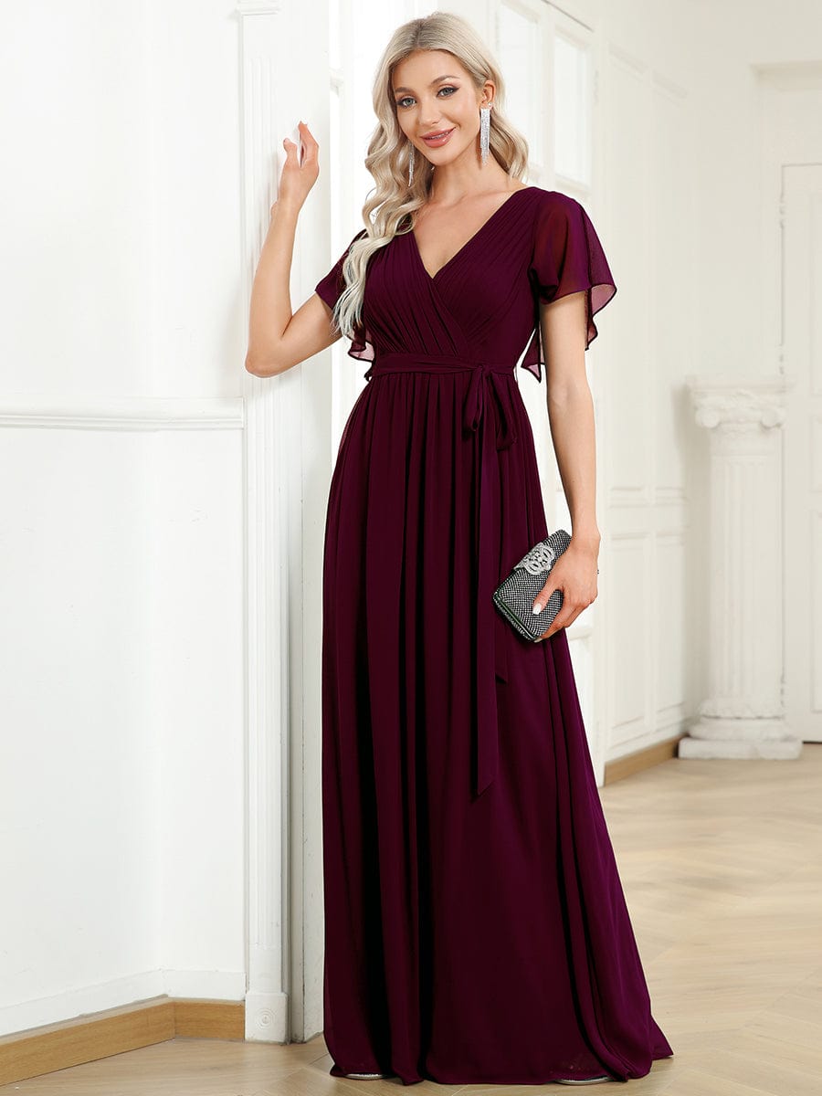 Custom Size Tie-Waist Pleated A-line Evening Dress #color_Mulberry