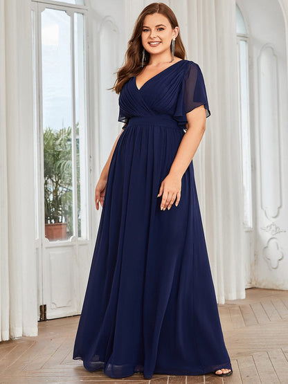 Plus Size Ruffle Pleated Chiffon Tie-Waist Evening Dress #color_Navy Blue