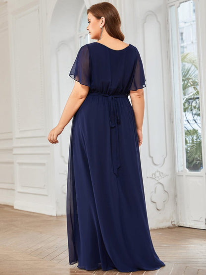 Plus Size Ruffle Pleated Chiffon Tie-Waist Evening Dress #color_Navy Blue