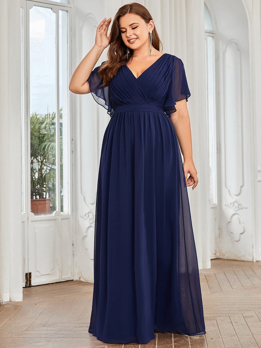 Plus Size Ruffle Pleated Chiffon Tie-Waist Evening Dress #color_Navy Blue