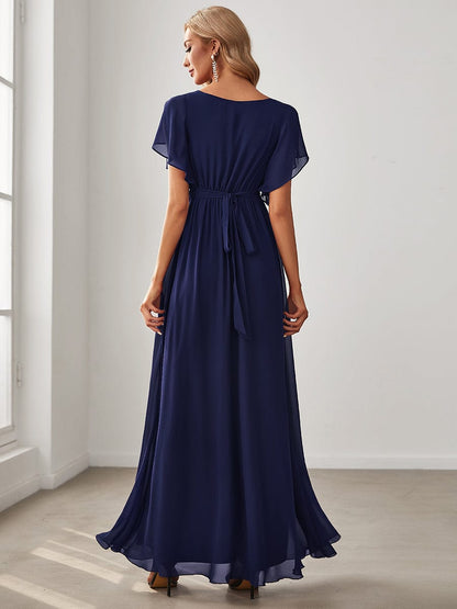 A-Line Pleated Chiffon Tie-Waist Evening Dress #color_Navy Blue