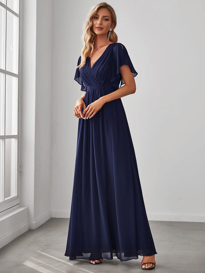 A-Line Pleated Chiffon Tie-Waist Evening Dress #color_Navy Blue