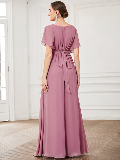 A-Line Pleated Chiffon Tie-Waist Evening Dress #color_Purple Orchid