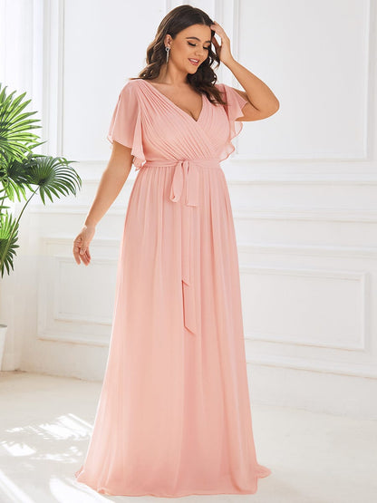 Plus Size Ruffle Pleated Chiffon Tie-Waist Evening Dress #color_Pink