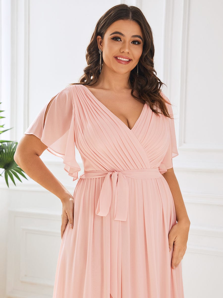 Plus Size Ruffle Pleated Chiffon Tie-Waist Evening Dress #color_Pink