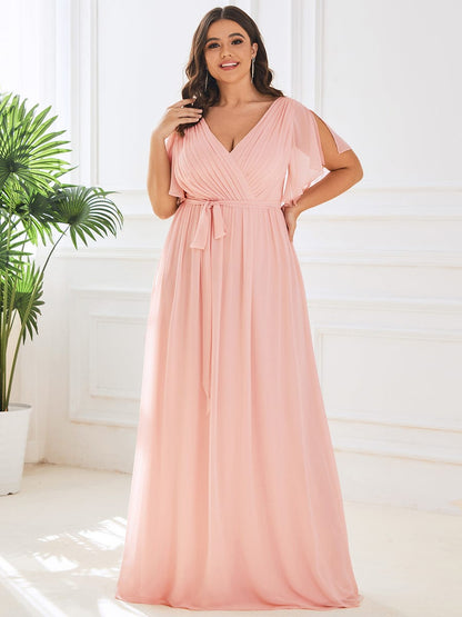 Plus Size Ruffle Pleated Chiffon Tie-Waist Evening Dress #color_Pink