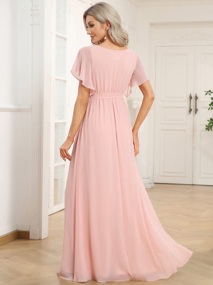 A-Line Pleated Chiffon Tie-Waist Evening Dress #color_Pink