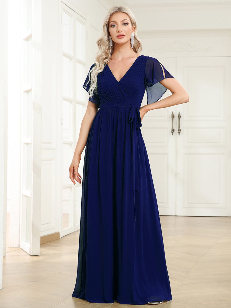 Custom Size Tie-Waist Pleated A-line Evening Dress #color_Royal Blue