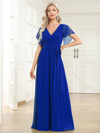 Custom Size Tie-Waist Pleated A-line Evening Dress #color_Sapphire Blue