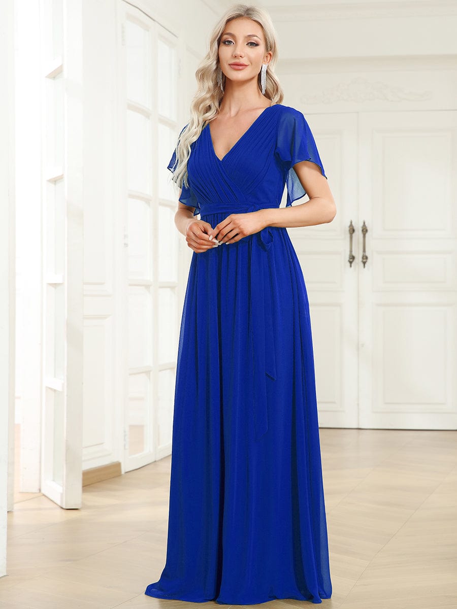 Custom Size Tie-Waist Pleated A-line Evening Dress #color_Sapphire Blue