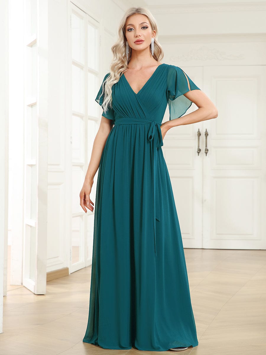 Custom Size Tie-Waist Pleated A-line Evening Dress #color_Teal