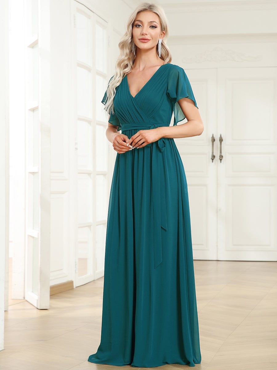 Custom Size Tie-Waist Pleated A-line Evening Dress #color_Teal