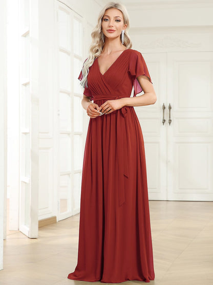 Custom Size Tie-Waist Pleated A-line Evening Dress #color_Vermilion