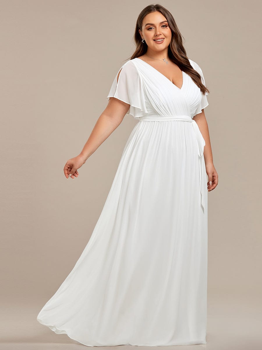 Ruffle Sleeve Tie-Waist Chiffon V-Neck Evening Dress #color_White