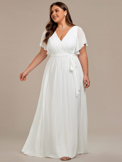 Plus Size Ruffle Pleated Chiffon Tie-Waist Evening Dress #color_White