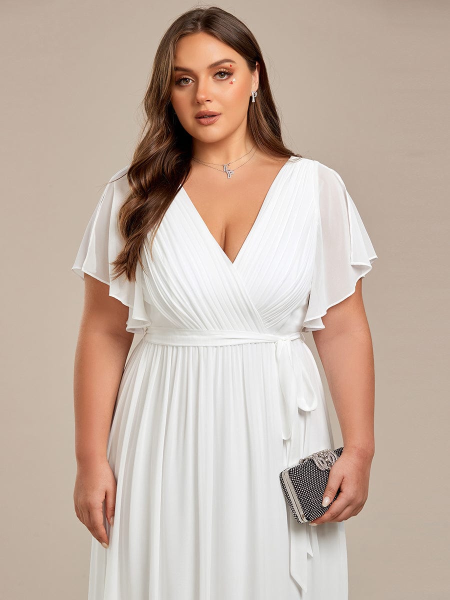 Plus Size Ruffle Pleated Chiffon Tie-Waist Evening Dress #color_White