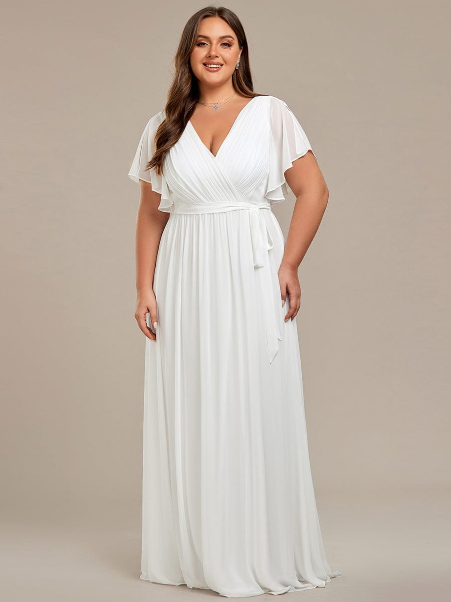 Plus Size Ruffle Pleated Chiffon Tie-Waist Evening Dress #color_White