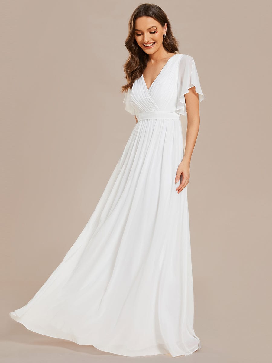 Ruffle Sleeve Tie-Waist Chiffon V-Neck Evening Dress #color_White