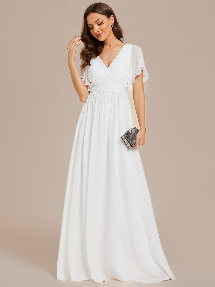 Ruffle Sleeve Tie-Waist Chiffon V-Neck Evening Dress #color_White