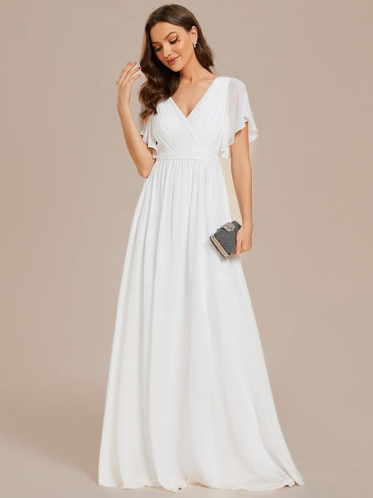 Ruffle Sleeve Tie-Waist Chiffon V-Neck Evening Dress #color_White