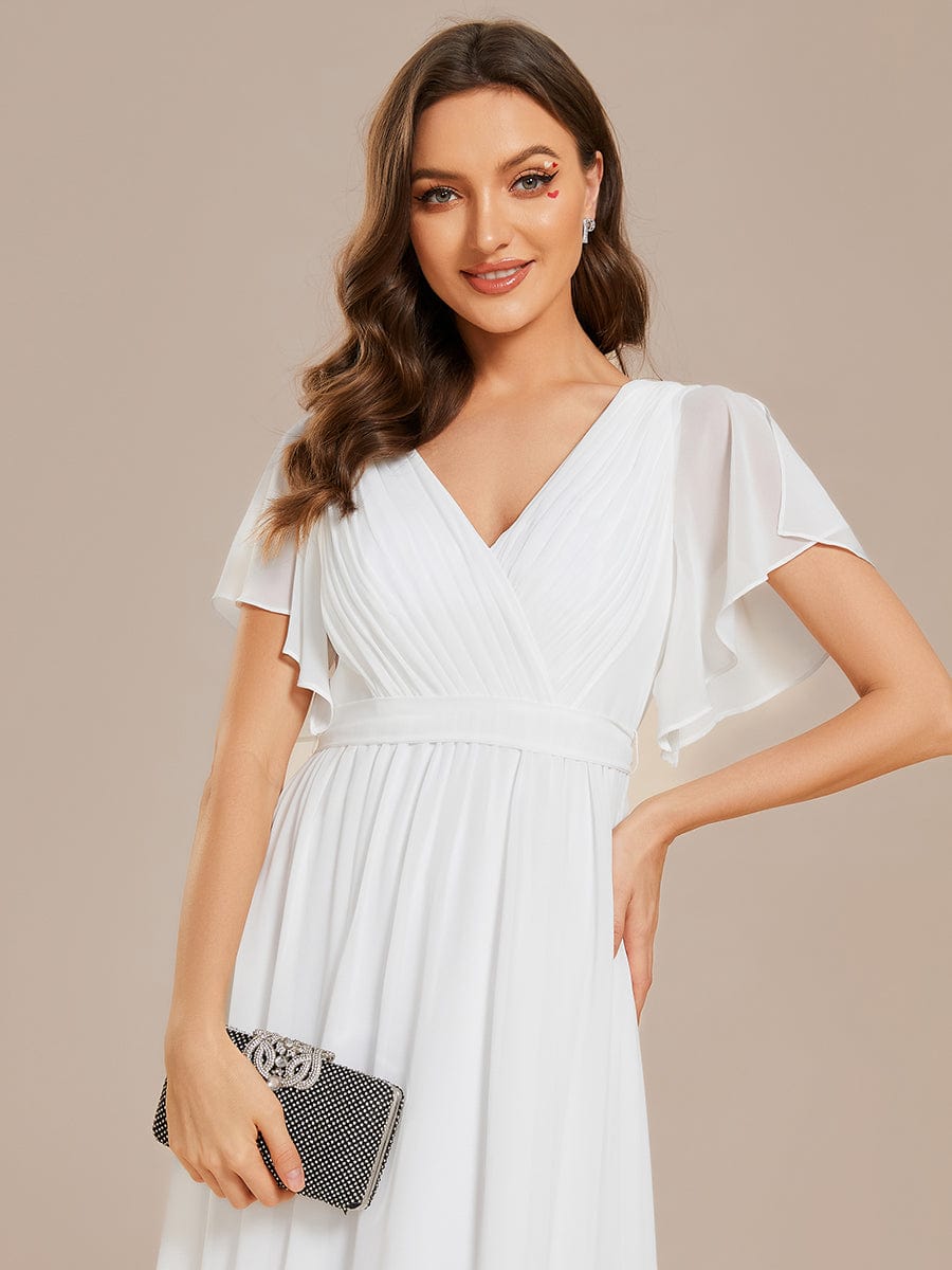 Ruffle Sleeve Tie-Waist Chiffon V-Neck Evening Dress #color_White