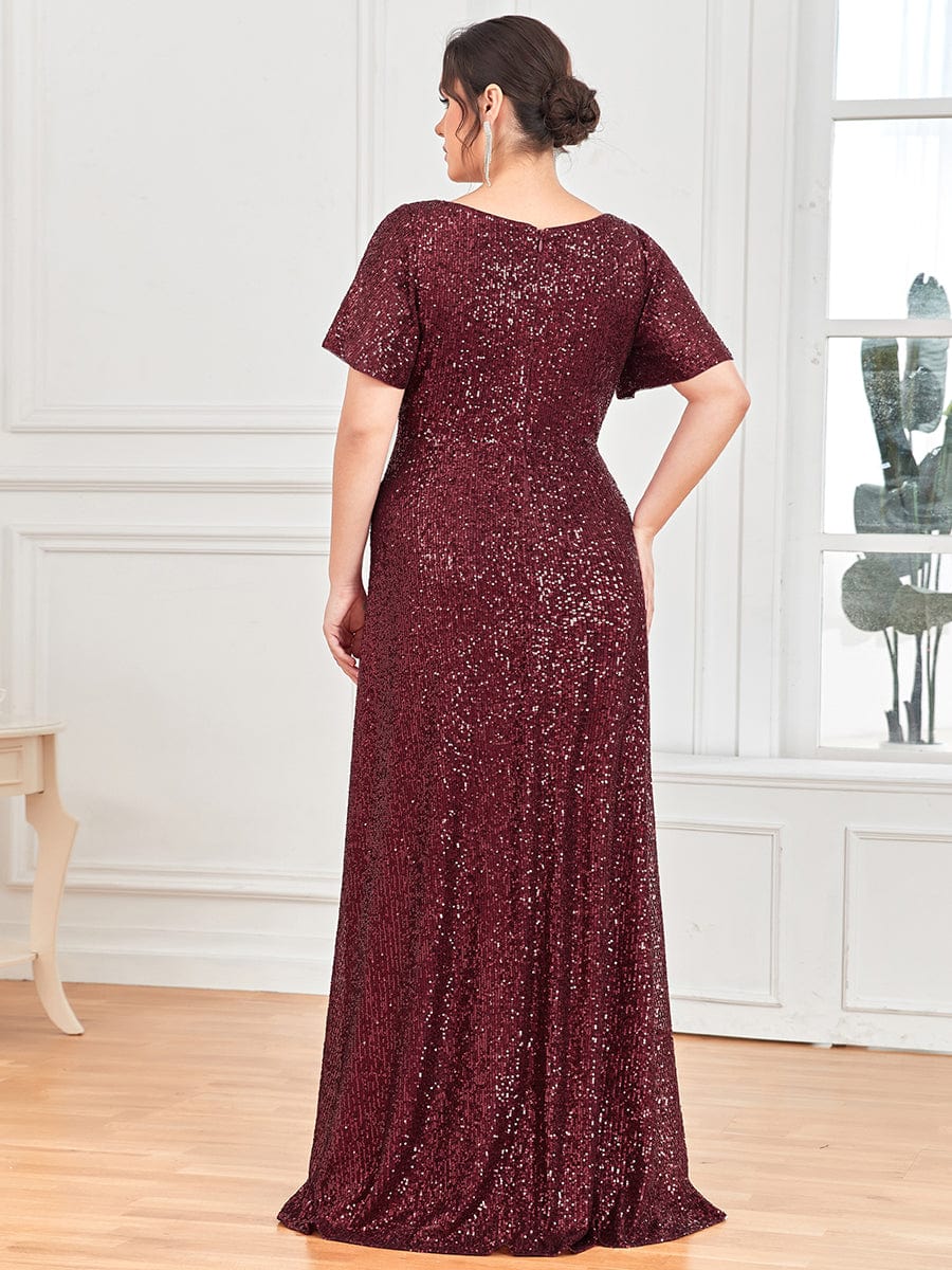 Plus Size Sequin Front Slit V-Neck Short Sleeve Evening Dress #Color_Burgundy