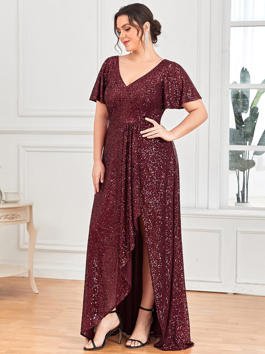 Plus Size Sequin Front Slit V-Neck Short Sleeve Evening Dress #Color_Burgundy