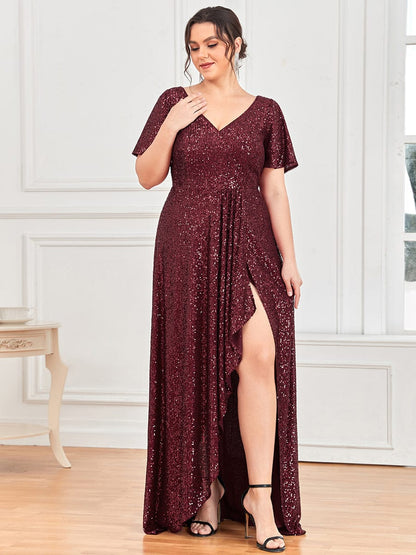 Plus Size Sequin Front Slit V-Neck Short Sleeve Evening Dress #Color_Burgundy