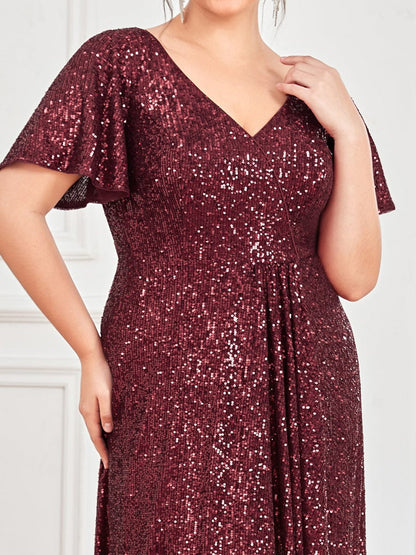 Plus Size Sequin Front Slit V-Neck Short Sleeve Evening Dress #Color_Burgundy