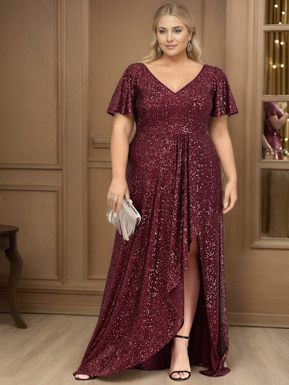 Plus Size Sequin Front Slit V-Neck Short Sleeve Evening Dress