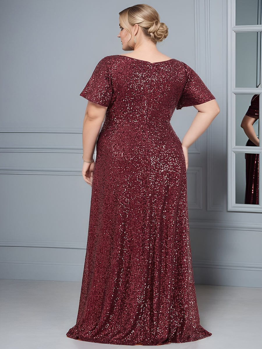 Plus Size Sequin Front Slit V-Neck Short Sleeve Evening Dress #Color_Burgundy