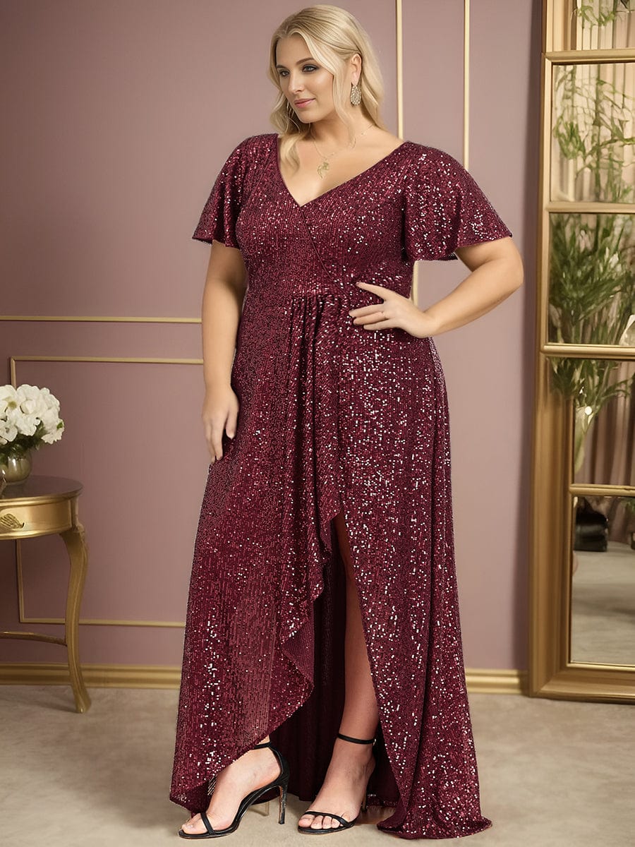 Plus Size Sequin Front Slit V-Neck Short Sleeve Evening Dress #Color_Burgundy