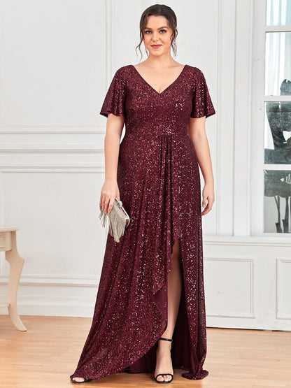 Plus Size Sequin Front Slit V-Neck Short Sleeve Evening Dress #Color_Burgundy