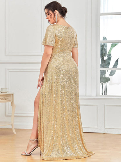 Plus Size Sequin Front Slit V-Neck Short Sleeve Evening Dress #Color_Gold