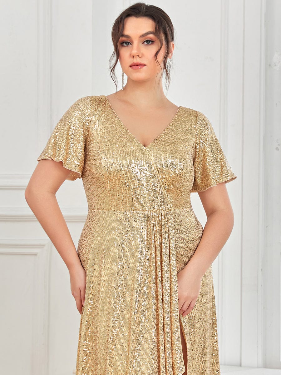 Plus Size Sequin Front Slit V-Neck Short Sleeve Evening Dress #Color_Gold