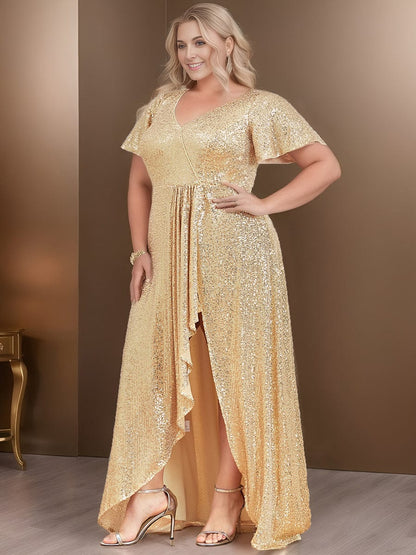 Plus Size Sequin Front Slit V-Neck Short Sleeve Evening Dress #Color_Gold