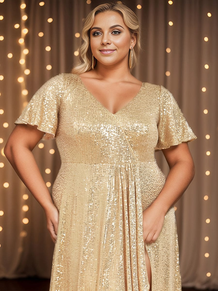 Plus Size Sequin Front Slit V-Neck Short Sleeve Evening Dress #Color_Gold