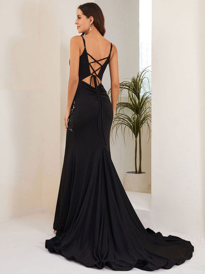 Back Lace-Up Pleated V-Neck Sequin Fishtail Evening Dress #Color_Black