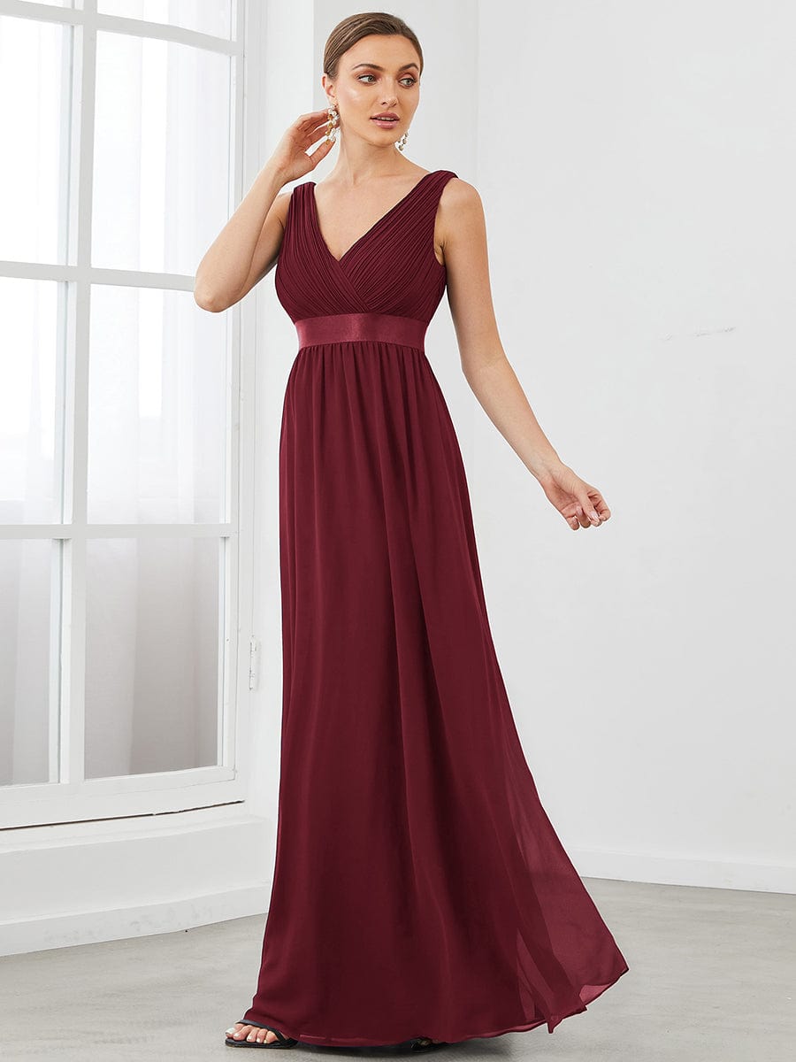 Sleeveless Satin Waist Chiffon A-Line Evening Dress #color_Burgundy