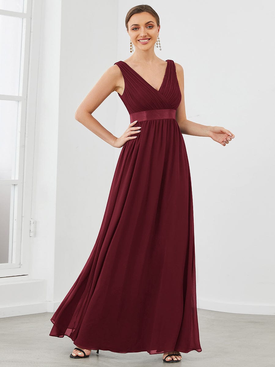 Sleeveless Satin Waist Chiffon A-Line Evening Dress #color_Burgundy