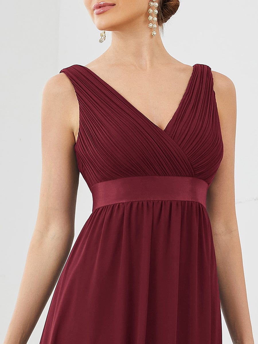 Sleeveless Satin Waist Chiffon A-Line Evening Dress #color_Burgundy