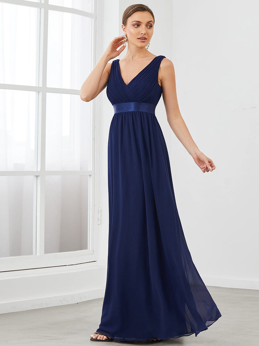 Sleeveless Satin Waist Chiffon A-Line Evening Dress #color_Navy Blue 